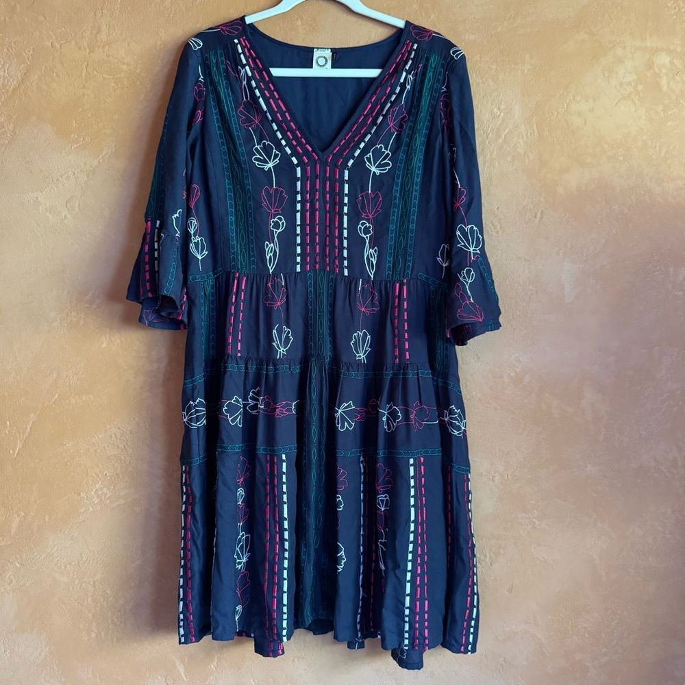 Anthropologie Akemi + Kin Embroidered Tiered Midi Dress Boho Cottagecore